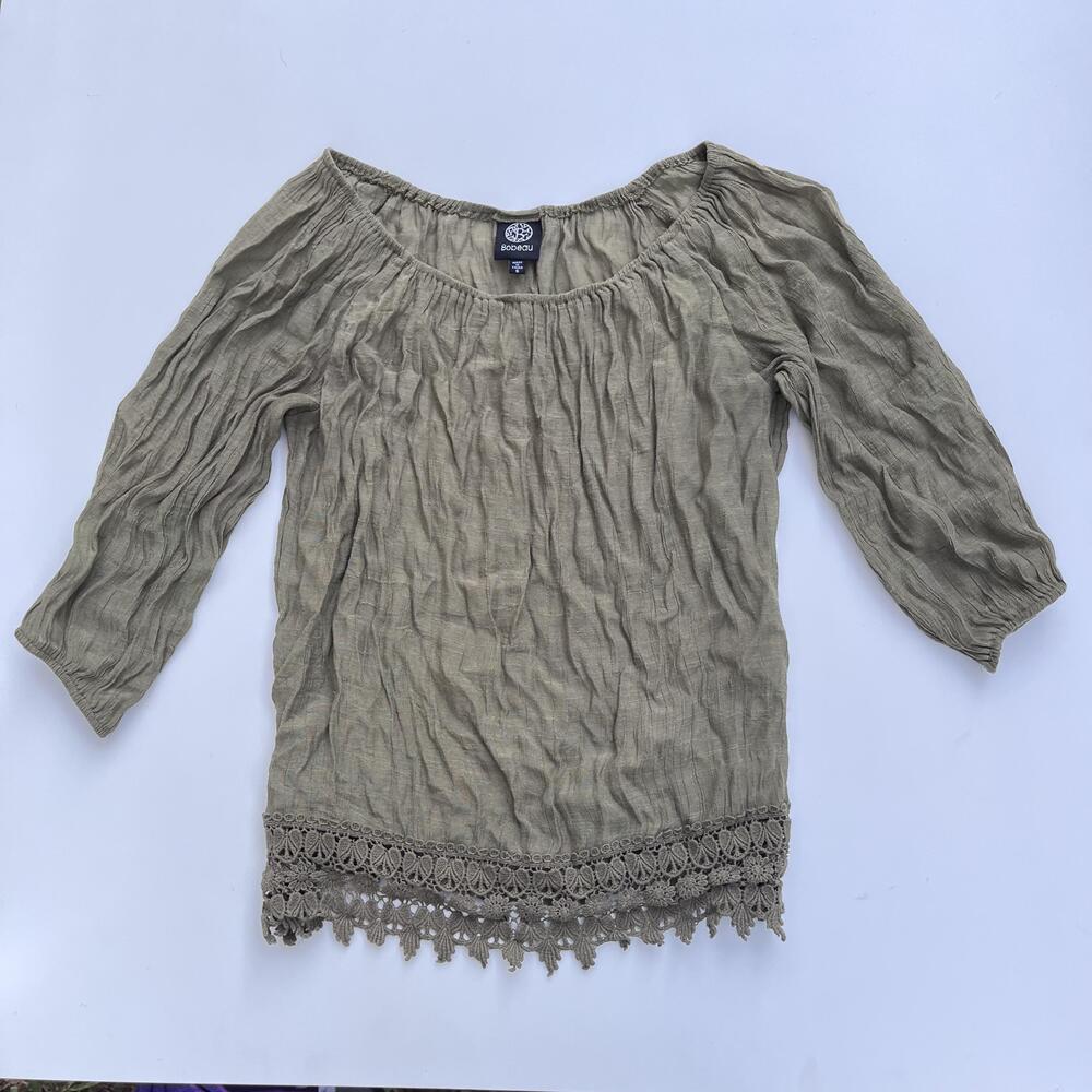 Vintage Bobeau Shirt Womens Small Green Crochet Y2k Peasant Boho 3/4 Sleeve Top